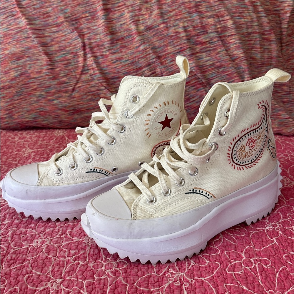 Converse Cream High-Top Platform Shoes with Red Accents